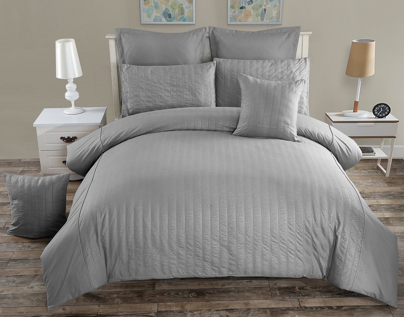 Seersucker Queen Size Grey Duvet Quilt Cover Set - Home & Garden > Bedding - Bedzy Australia