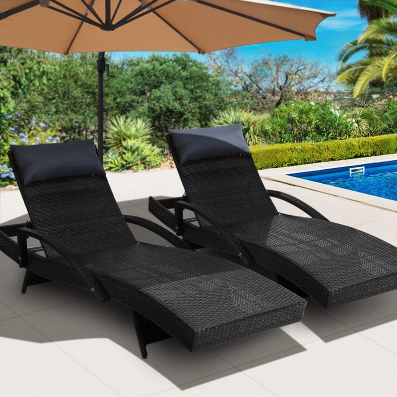 Set of 2 Bianca Outdoor Sun Lounger Chairs with Pillow Headrests - Black - Bedzy Australia