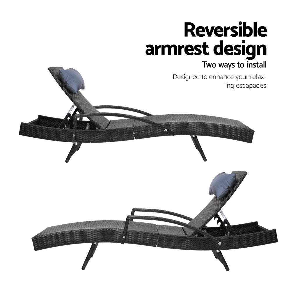 Set of 2 Bianca Outdoor Sun Lounger Chairs with Pillow Headrests - Black - Bedzy Australia