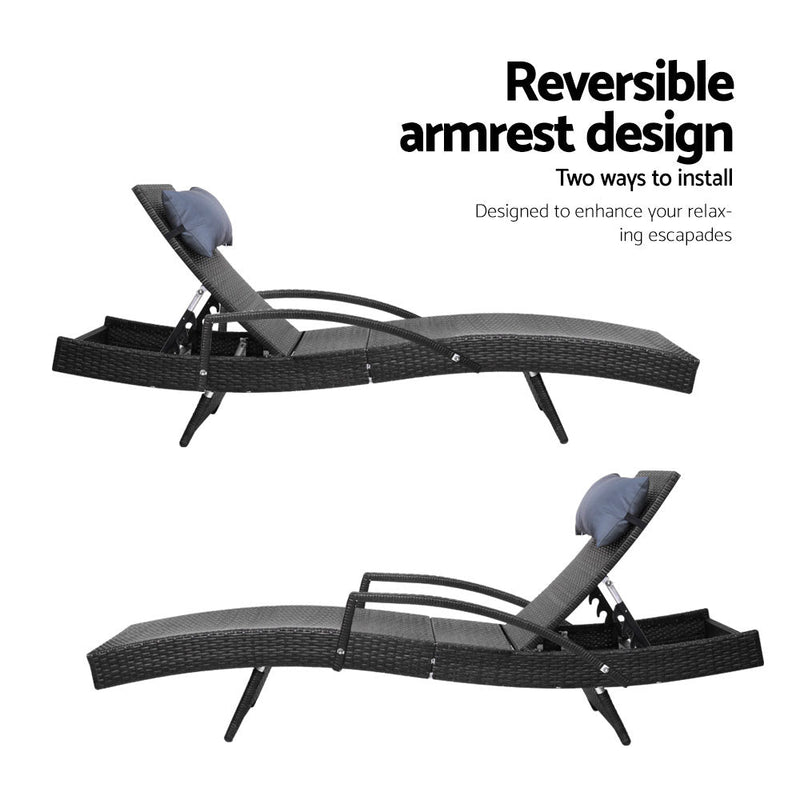 Set of 2 Bianca Outdoor Sun Lounger Chairs with Pillow Headrests - Black - Bedzy Australia