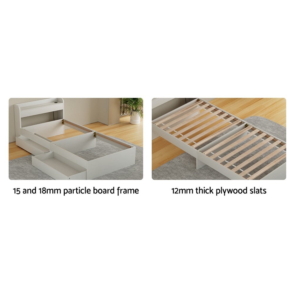 Single Package | Aura Bed Frame With 2 Storage Drawers White & Bonita Pillow Top Mattress (Medium Firm) - Baby & Kids > Kid's Furniture > Kid's Beds & Bed Frames - Bedzy Australia