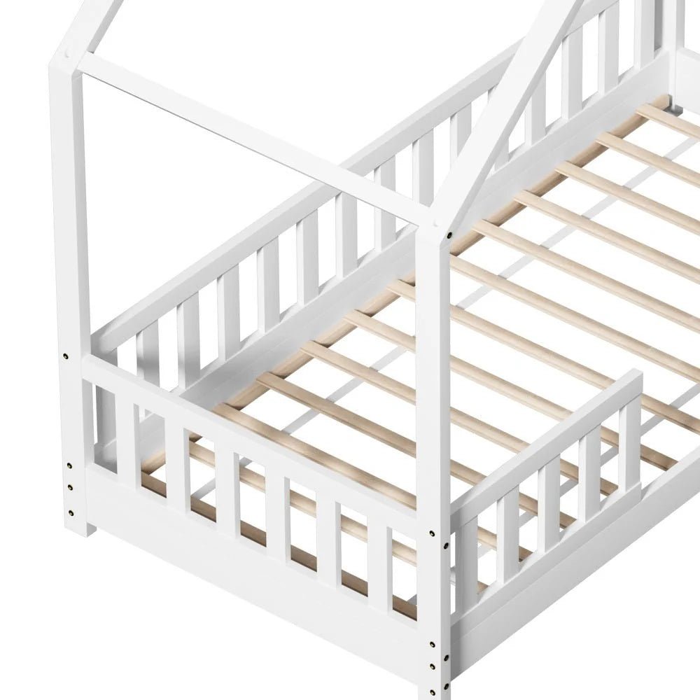 Single Package | Pavo House Shaped Wooden Floor Bed Frame White, Alzbeta Mattress (Medium firm) & Waterproof Bamboo Mattress Protector - Baby & Kids > Kid's Furniture > Kid's Beds & Bed Frames - Bedzy Australia