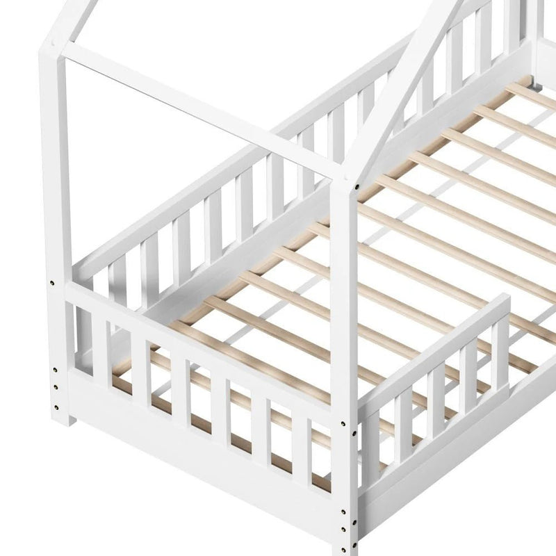 Single Package | Pavo House Shaped Wooden Floor Bed Frame White, Alzbeta Mattress (Medium firm) & Waterproof Bamboo Mattress Protector - Baby & Kids > Kid's Furniture > Kid's Beds & Bed Frames - Bedzy Australia