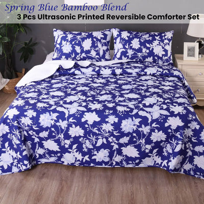 Spring Blue 3 Pcs Bamboo Blend Ultrosonic Reversible Comforter Set King - Home & Garden > Bathroom Accessories - Bedzy Australia