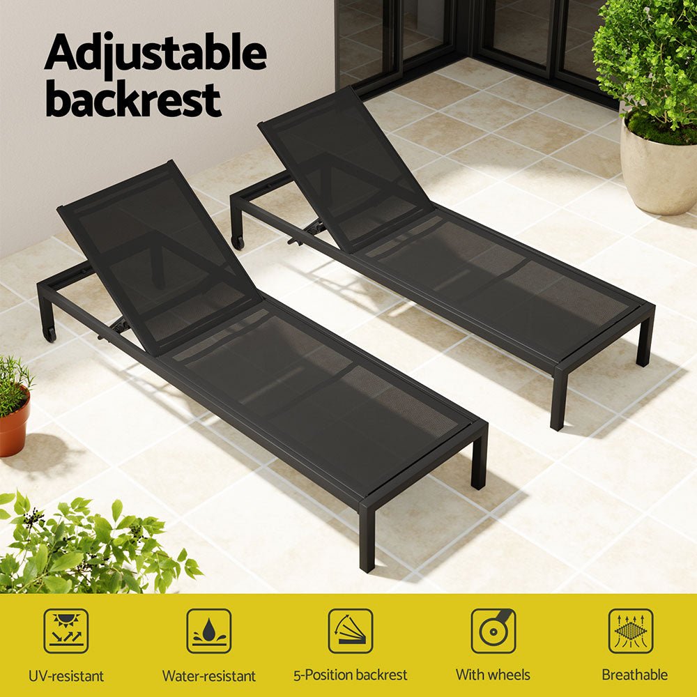 Sun Lounge Outdoor Lounger Aluminium Folding Beach Chair Wheels Black - Furniture > Outdoor - Bedzy Australia