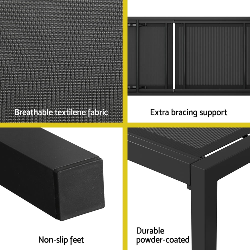 Sun Lounge Outdoor Lounger Aluminium Folding Beach Chair Wheels Black - Furniture > Outdoor - Bedzy Australia