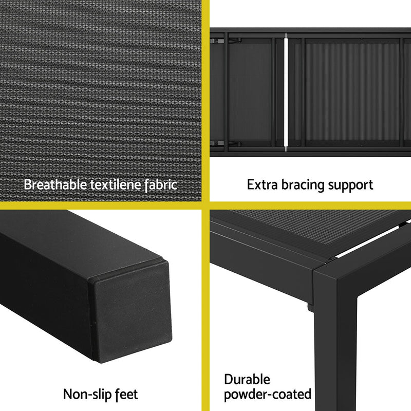 Sun Lounge Outdoor Lounger Aluminium Folding Beach Chair Wheels Black - Furniture > Outdoor - Bedzy Australia