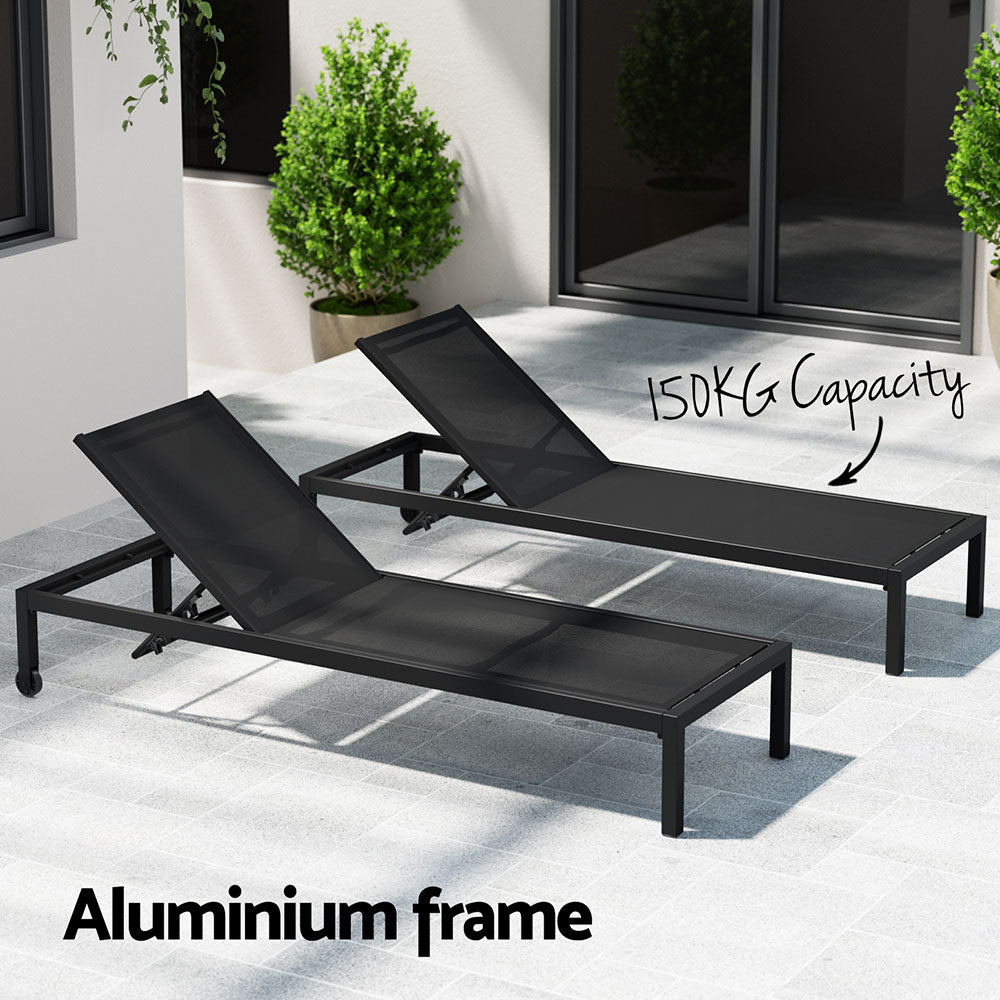 Sun Lounge Outdoor Lounger Aluminium Folding Beach Chair Wheels Black - Furniture > Outdoor - Bedzy Australia