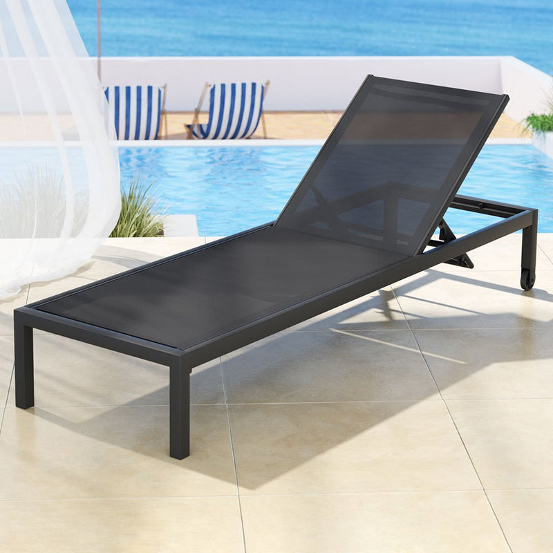Sun Lounge Outdoor Lounger Aluminium Folding Beach Chair Wheels Black - Furniture > Outdoor - Bedzy Australia