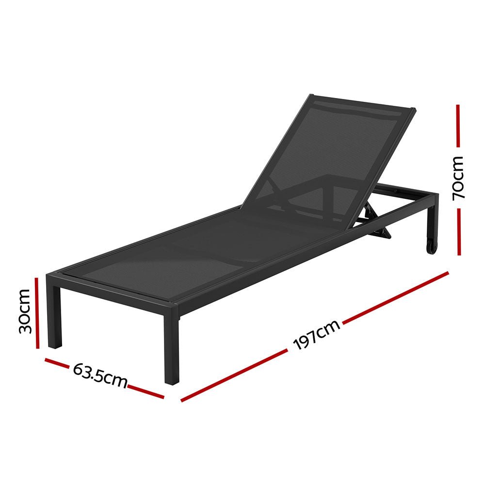 Sun Lounge Outdoor Lounger Aluminium Folding Beach Chair Wheels Black - Furniture > Outdoor - Bedzy Australia