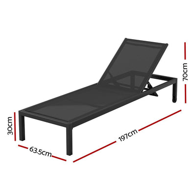 Sun Lounge Outdoor Lounger Aluminium Folding Beach Chair Wheels Black - Furniture > Outdoor - Bedzy Australia