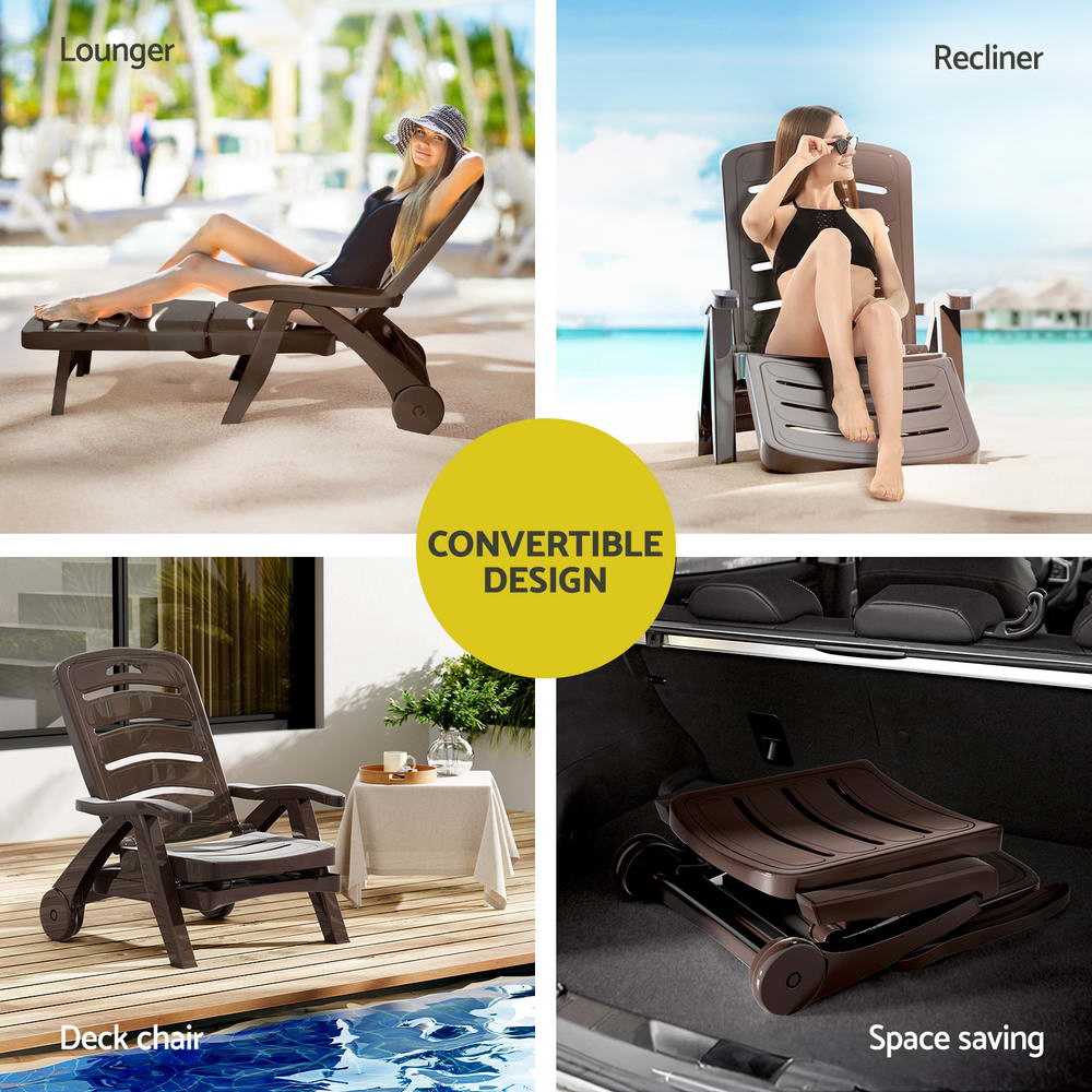 Sun Lounger Folding Lounge Chair Wheels Patio Outdoor Furniture Brown - Furniture > Outdoor - Bedzy Australia