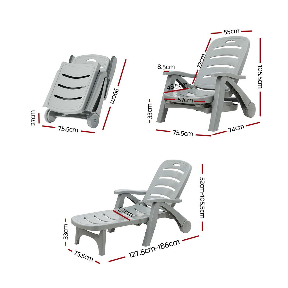 Sun Lounger Folding Lounge Chair Wheels Patio Outdoor Furniture Grey - Furniture > Outdoor - Bedzy Australia