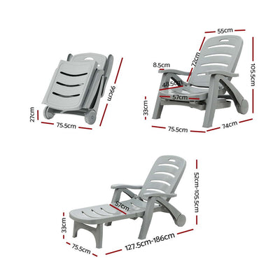 Sun Lounger Folding Lounge Chair Wheels Patio Outdoor Furniture Grey - Furniture > Outdoor - Bedzy Australia