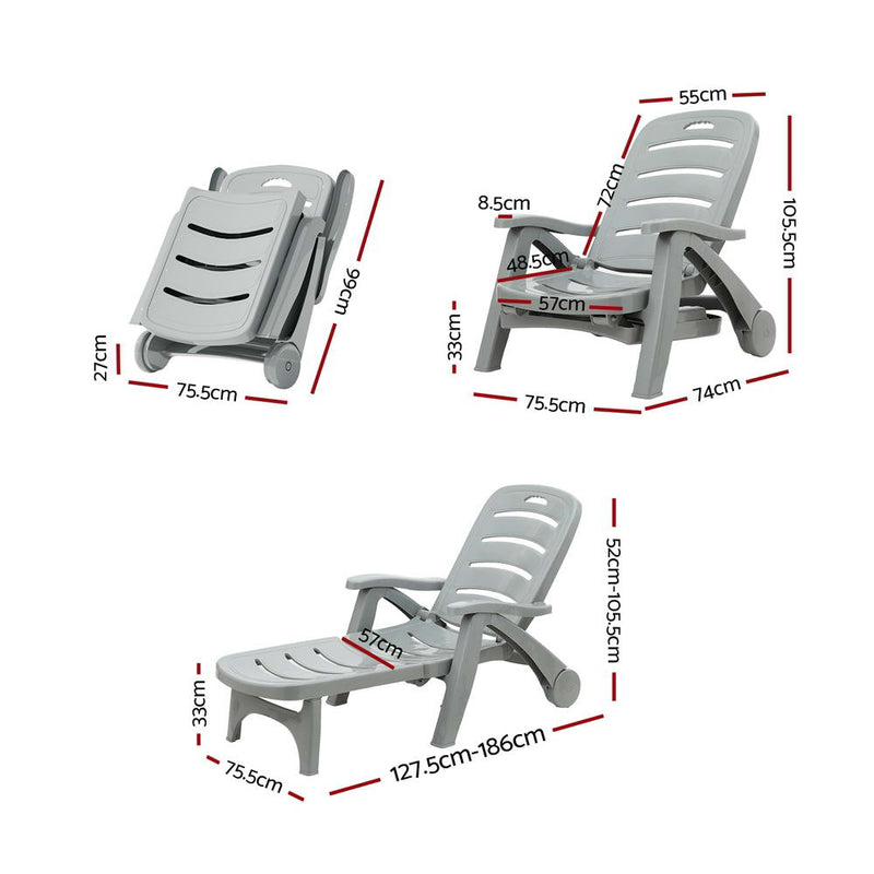 Sun Lounger Folding Lounge Chair Wheels Patio Outdoor Furniture Grey - Furniture > Outdoor - Bedzy Australia