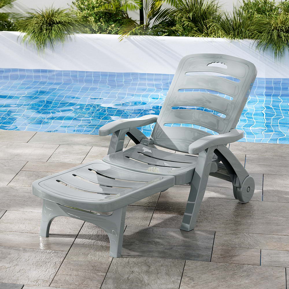 Sun Lounger Folding Lounge Chair Wheels Patio Outdoor Furniture Grey - Furniture > Outdoor - Bedzy Australia