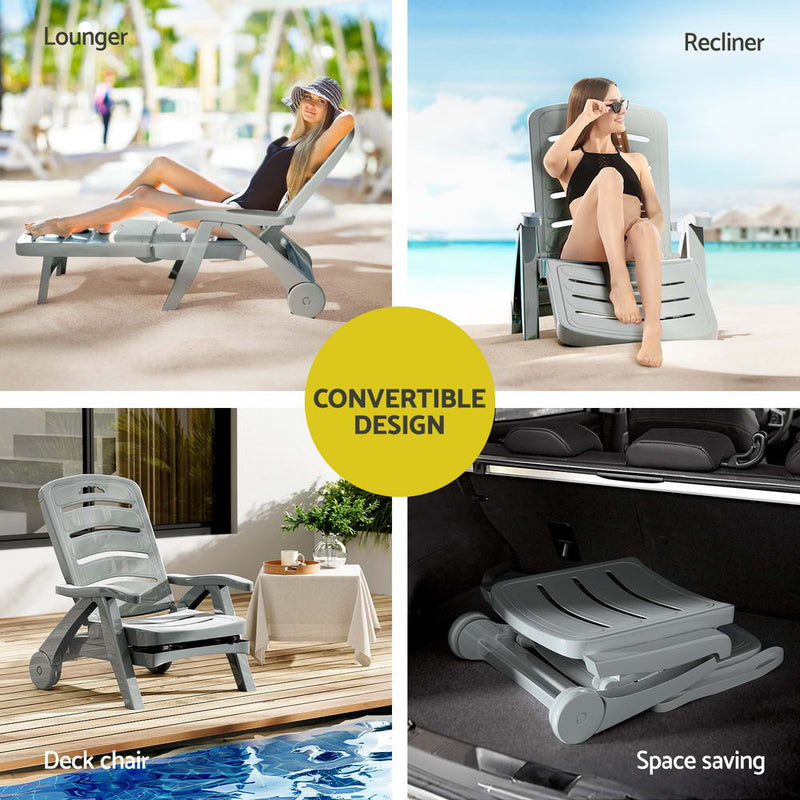 Sun Lounger Folding Lounge Chair Wheels Patio Outdoor Furniture Grey - Furniture > Outdoor - Bedzy Australia
