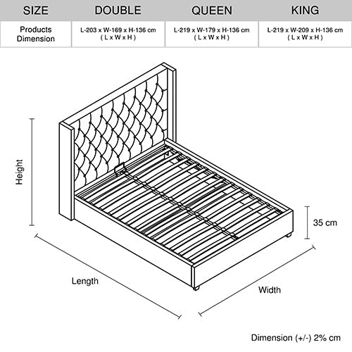 Veronica Bed Frame Double Size Winged Grey Linen Fabric Seam Grid Pattern with gas lift plywood metal structure - Furniture > Bedroom > Beds & Bed Frames - Bedzy Australia