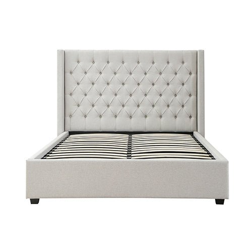 Veronica Bed Frame Double Size Winged Grey Linen Fabric Seam Grid Pattern with gas lift plywood metal structure - Furniture > Bedroom > Beds & Bed Frames - Bedzy Australia