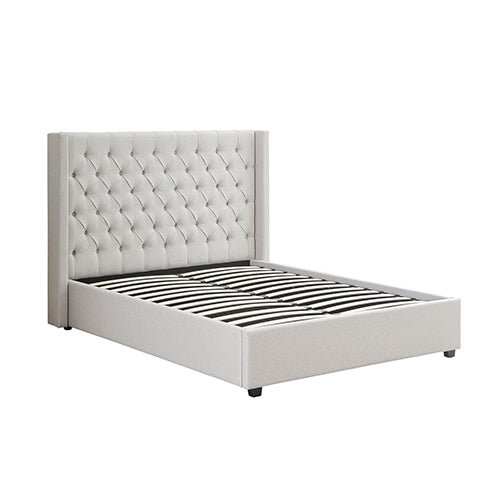 Veronica Bed Frame Double Size Winged Grey Linen Fabric Seam Grid Pattern with gas lift plywood metal structure - Furniture > Bedroom > Beds & Bed Frames - Bedzy Australia