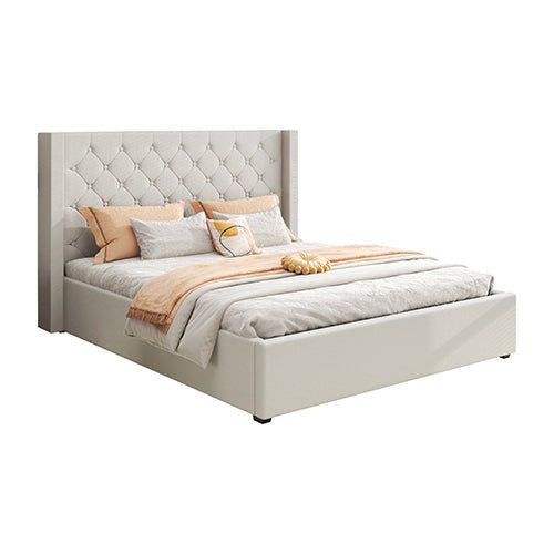 Veronica Bed Frame Queen Size Winged Grey Linen Fabric Seam Grid Pattern with gas lift plywood metal structure - Furniture > Bedroom > Beds & Bed Frames - Bedzy Australia