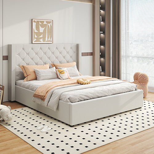 Veronica Bed Frame Queen Size Winged Grey Linen Fabric Seam Grid Pattern with gas lift plywood metal structure - Furniture > Bedroom > Beds & Bed Frames - Bedzy Australia