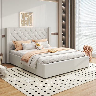 Veronica Bed Frame Queen Size Winged Grey Linen Fabric Seam Grid Pattern with gas lift plywood metal structure - Furniture > Bedroom > Beds & Bed Frames - Bedzy Australia