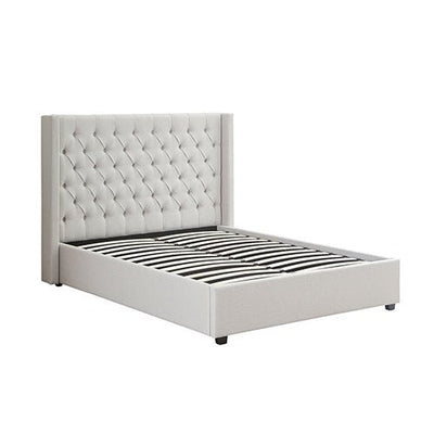 Veronica Bed Frame Queen Size Winged Grey Linen Fabric Seam Grid Pattern with gas lift plywood metal structure - Furniture > Bedroom > Beds & Bed Frames - Bedzy Australia