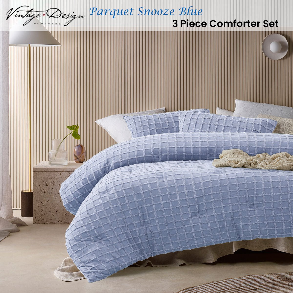 Vintage Design Homewares 3 Pcs Parquet Snooze Blue Comforter Set King - Home & Garden > Bedding > Quilts & Duvets - Bedzy Australia