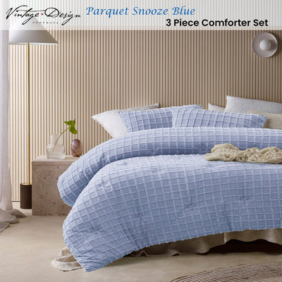 Vintage Design Homewares 3 Pcs Parquet Snooze Blue Comforter Set King - Home & Garden > Bedding > Quilts & Duvets - Bedzy Australia