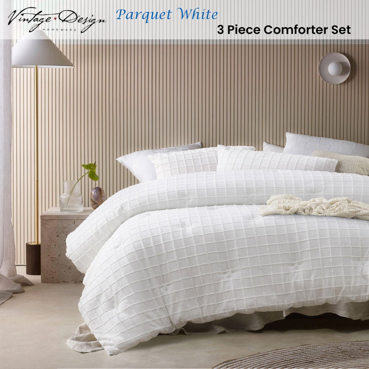 Vintage Design Homewares 3 Pcs Parquet White Comforter Set King - Home & Garden > Bedding > Quilts & Duvets - Bedzy Australia