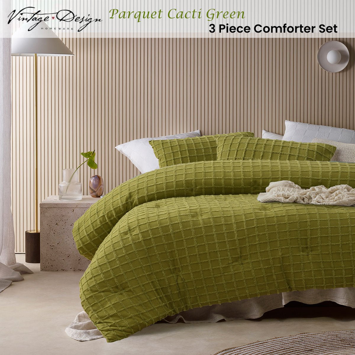 Vintage Design Homewares Parquet Cacti Green Comforter Set Queen - Home & Garden > Bedding > Quilts & Duvets - Bedzy Australia