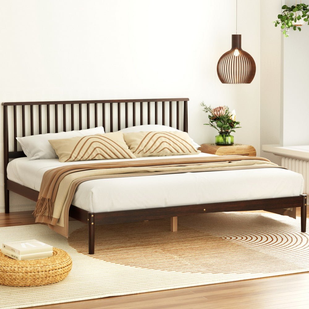 King Package | Vise Solid Pinewood Bed Frame Walnut & Bonita Pillow Top Mattress (Medium Firm) in modern bedroom setting