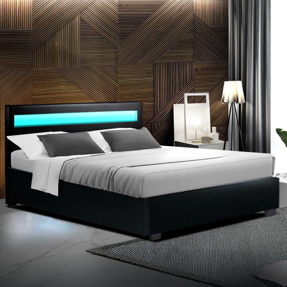 Wanda LED Storage Double Bed Frame Black - Bedzy Australia