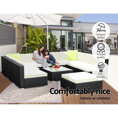 10 Piece Wicker Outdoor Lounge with Storage Cover - Beige - Furniture > Outdoor - Bedzy Australia