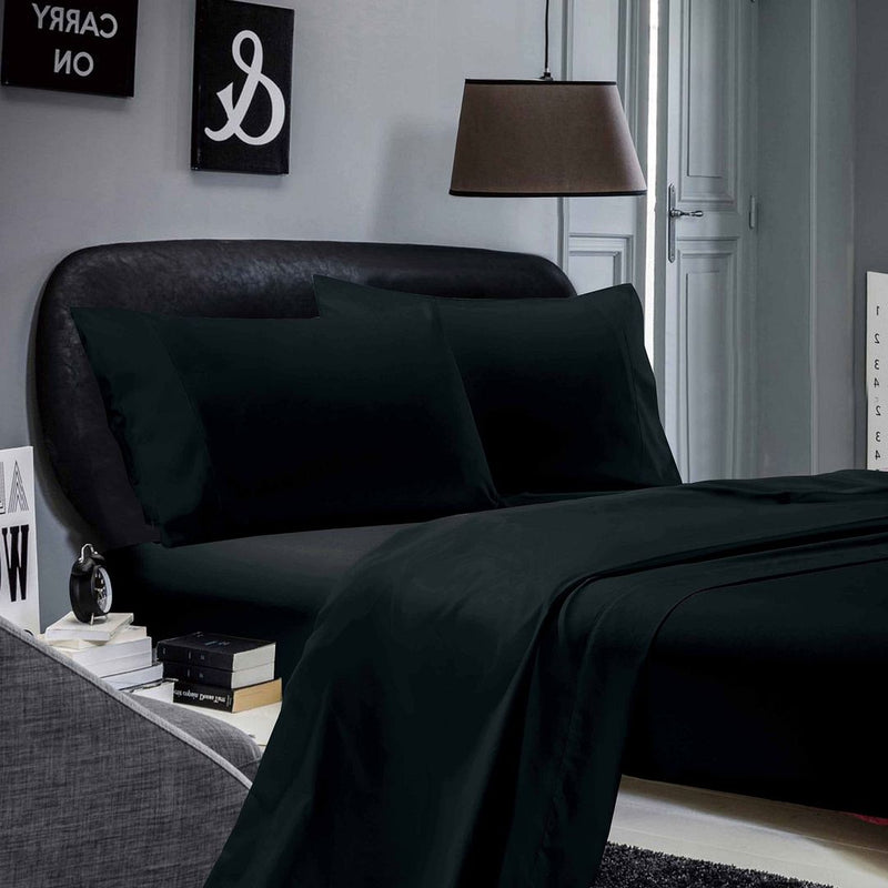 1000TC Ultra Soft Single Size Bed Black Flat & Fitted Sheet Set - Home & Garden > Bedding - Bedzy Australia