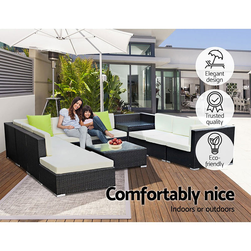 11 Piece Wicker Outdoor Lounge with Storage Cover - Beige - Bedzy Australia (ABN 18 642 972 209) - Furniture > Outdoor