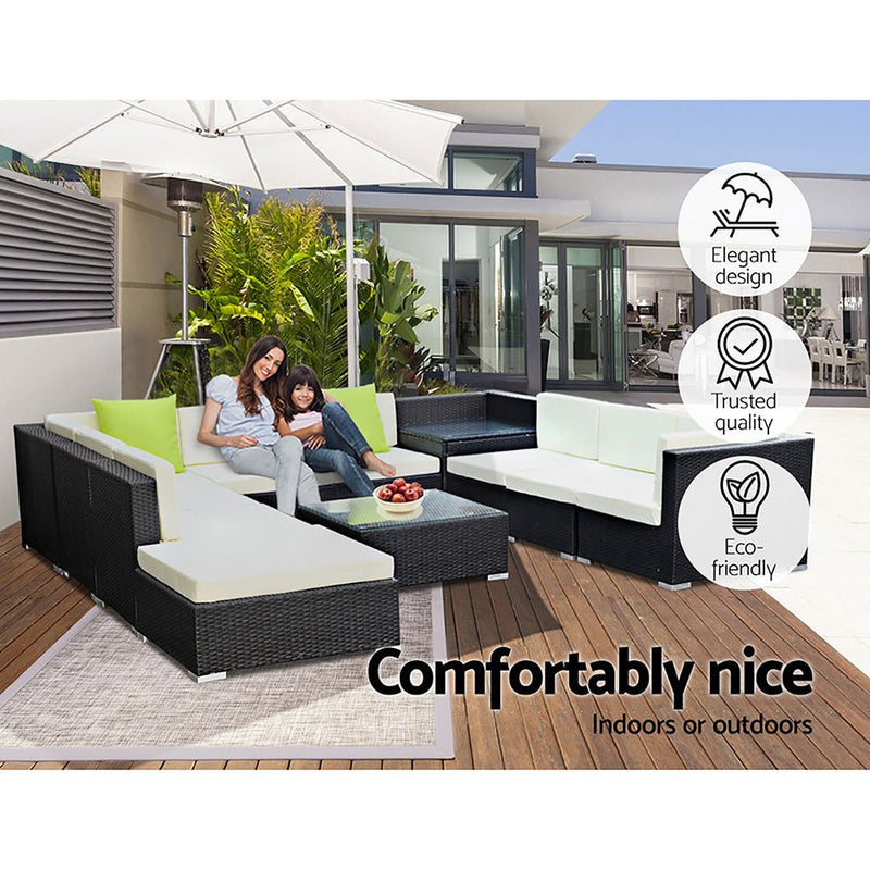 11 Piece Wicker Outdoor Lounge with Storage Cover - Beige - Furniture > Outdoor - Bedzy Australia