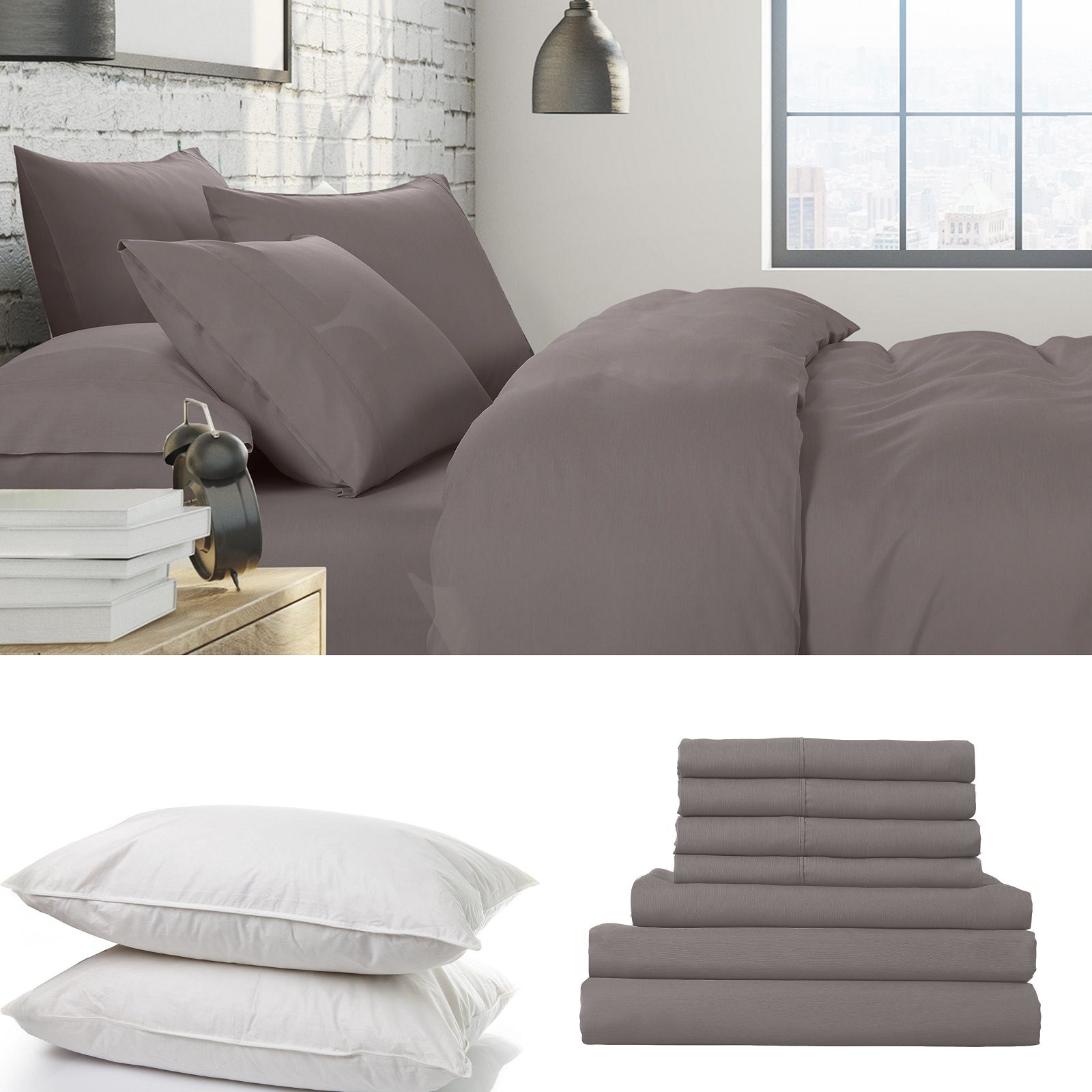 1500 Thread Count 6 Piece Combo And 2 Pack Duck Feather Down Pillows Bedding Set - King - Dusk Grey - Home & Garden > Bedding - Bedzy Australia