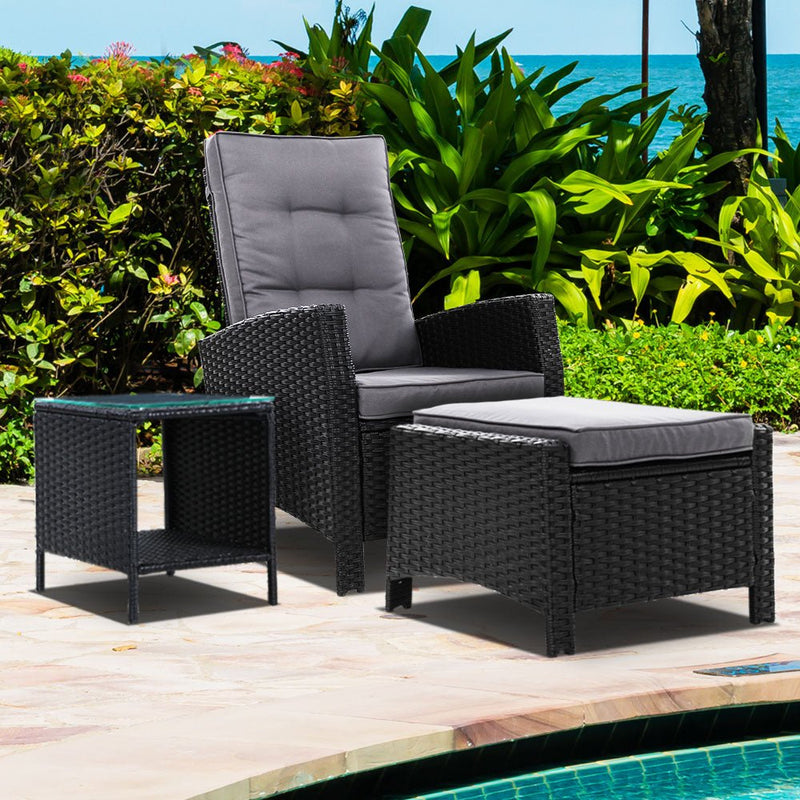3 Piece Elise Outdoor Recliner Chair Ottoman and Table Set Black - Bedzy Australia (ABN 18 642 972 209) - Furniture > Outdoor