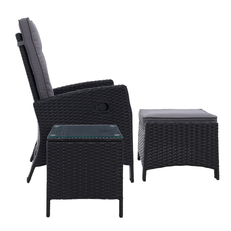 3 Piece Elise Outdoor Recliner Chair Ottoman and Table Set Black - Bedzy Australia (ABN 18 642 972 209) - Furniture > Outdoor