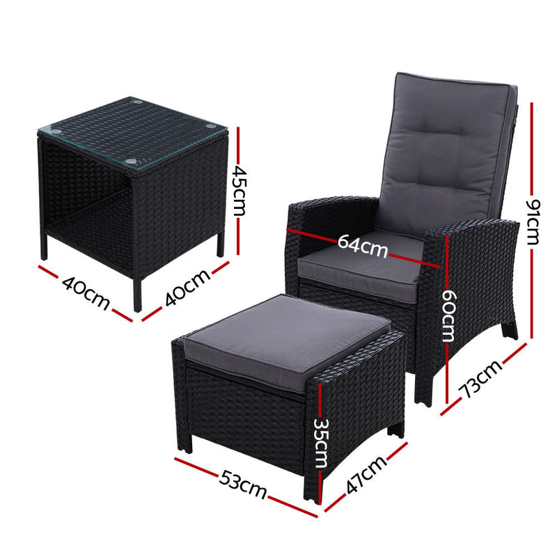 3 Piece Elise Outdoor Recliner Chair Ottoman and Table Set Black - Furniture > Outdoor - Bedzy Australia