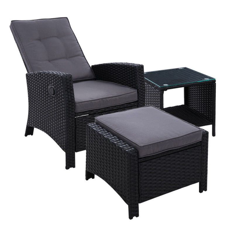 3 Piece Elise Outdoor Recliner Chair Ottoman and Table Set Black - Furniture > Outdoor - Bedzy Australia