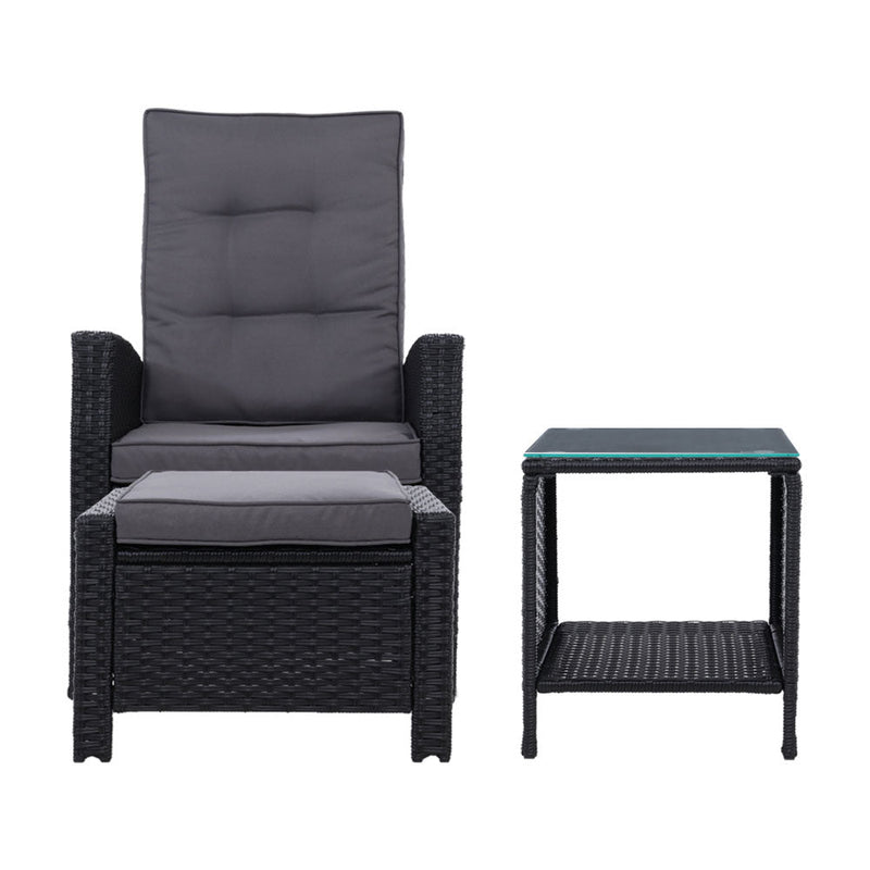 3 Piece Elise Outdoor Recliner Chair Ottoman and Table Set Black - Furniture > Outdoor - Bedzy Australia