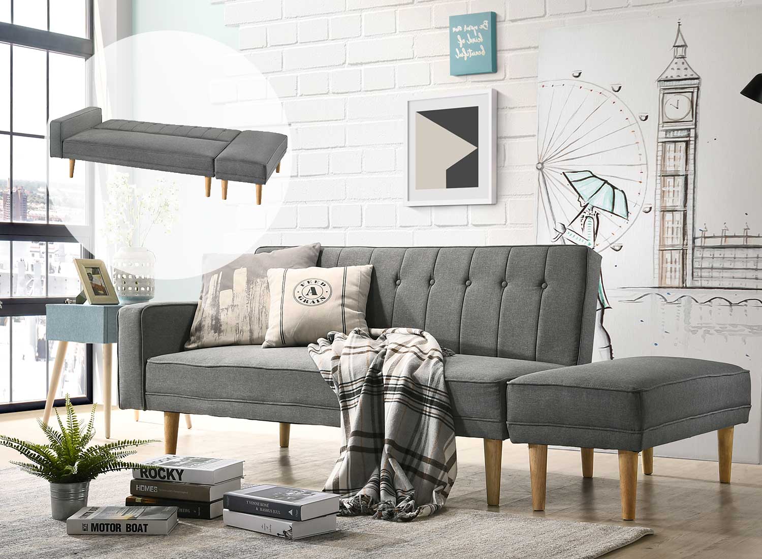 3 Seater Fabric Sofa Bed with Ottoman (Light Grey) - Bedzy Australia