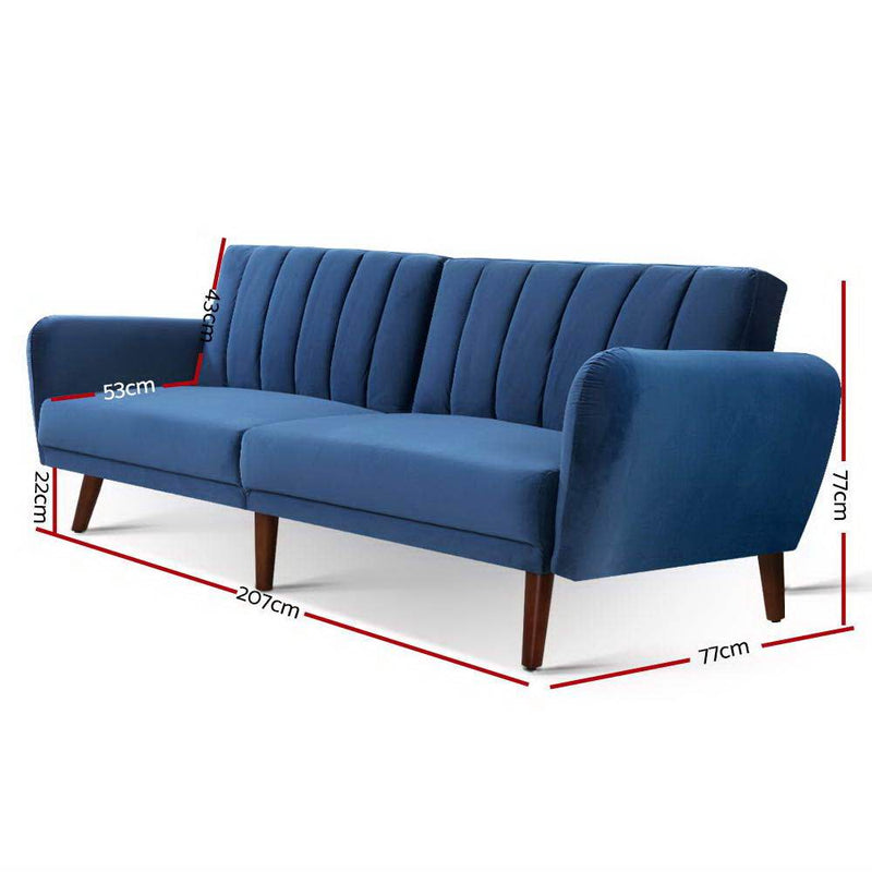 3 Seater Futon Couch (Velvet Blue) - Bedzy Australia - Furniture > Sofas