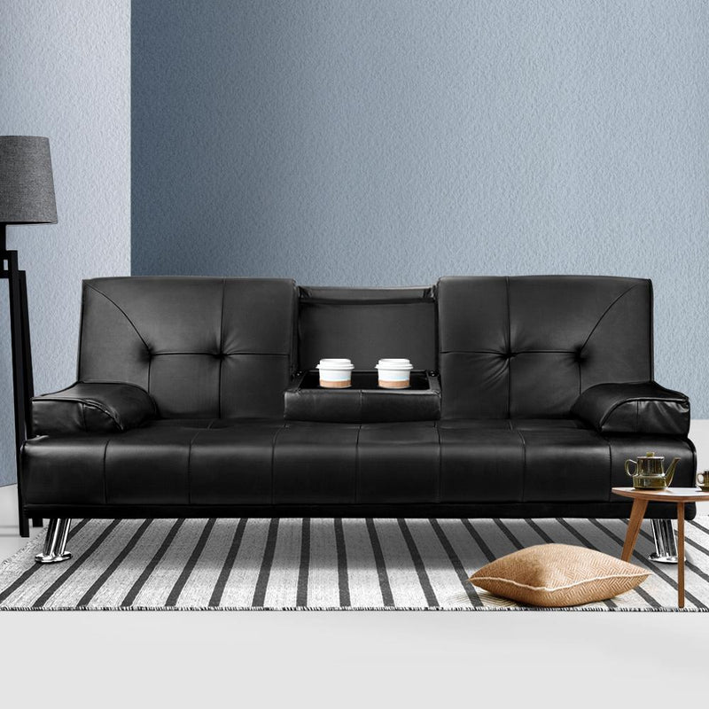 3 Seater PU Leather Sofa Bed - Black - Bedzy Australia