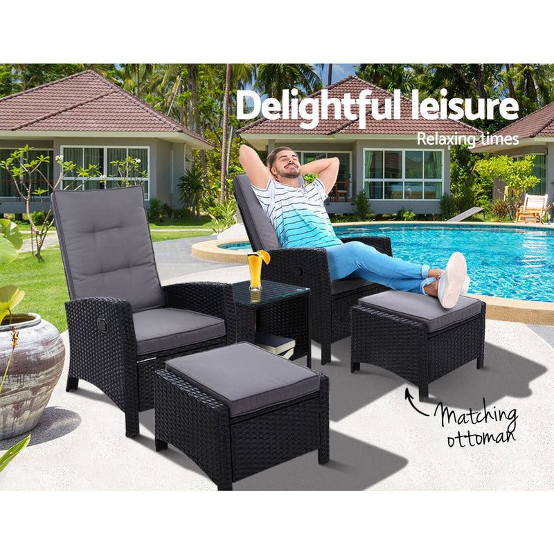 5 Piece Elise Outdoor Recliner Chair Ottoman and Table Set Black - Bedzy Australia (ABN 18 642 972 209) - Furniture > Outdoor