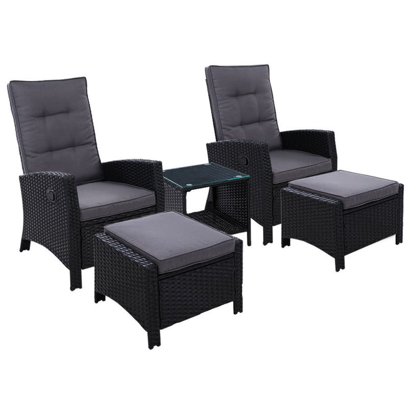 5 Piece Elise Outdoor Recliner Chair Ottoman and Table Set Black - Furniture > Outdoor - Bedzy Australia