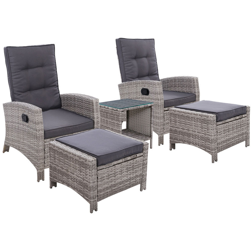 5 Piece Elise Outdoor Recliner Chair Ottoman and Table Set Grey - Furniture > Outdoor - Bedzy Australia